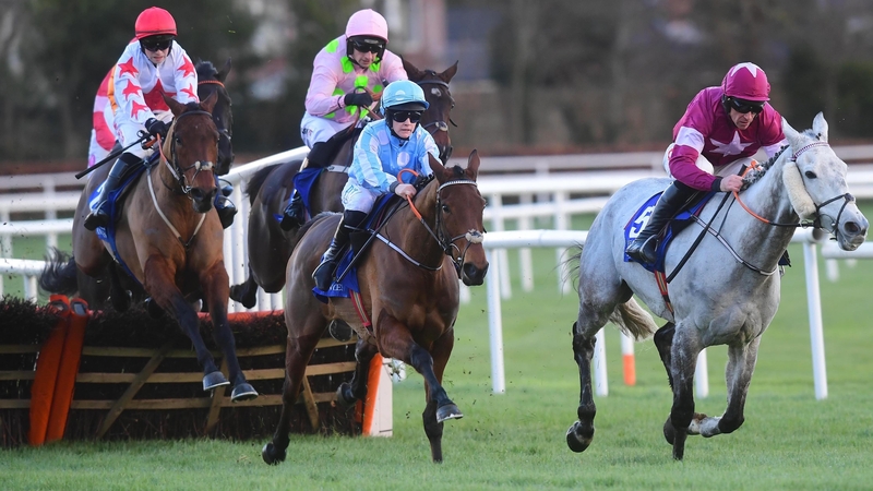 Honeysuckle (light blue) going on to win the 2020 Irish Champion Hurdle
