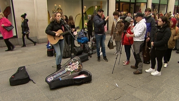 Busker Allie Sherlock performing on Dublin's Grafton Street