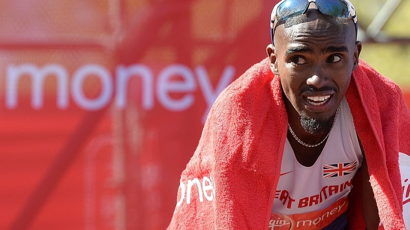 Mo Farah after finishing the London Marathon in 2014
