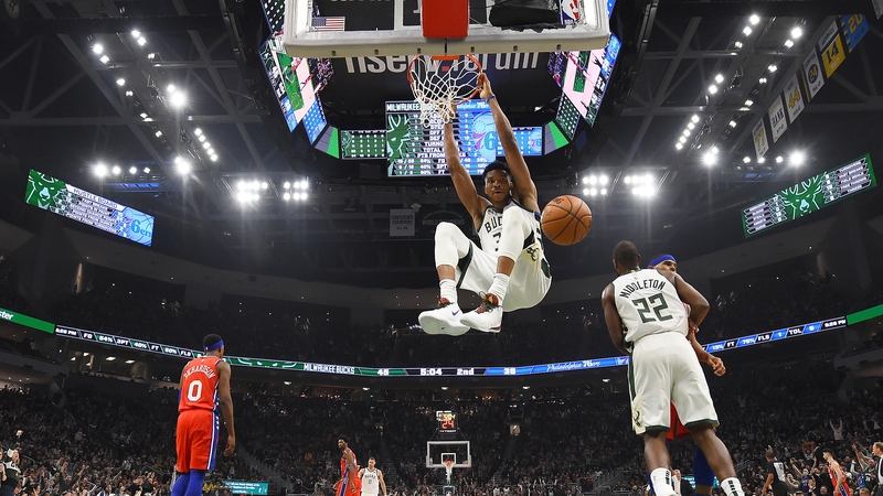 Giannis Antetokounmpo #34 of the Milwaukee Bucks dunks during the first half