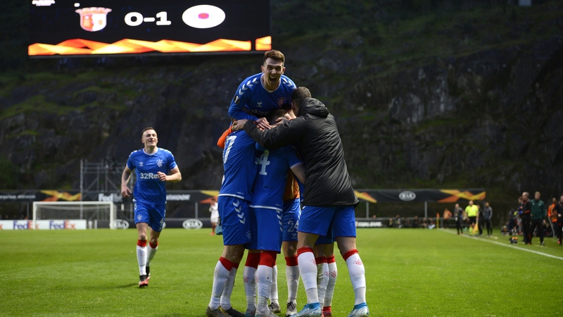 Ryan Kent celebrates with teammates Scott Arfield, Greg Stewart and Florian Kamberi after scoring