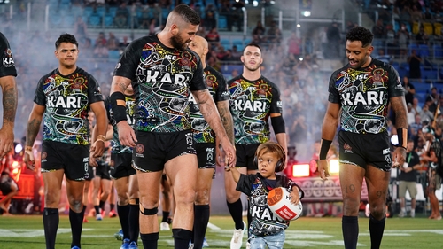 Quaden Bayles recently led the Indigenous All Stars on to the field during a National Rugby League game