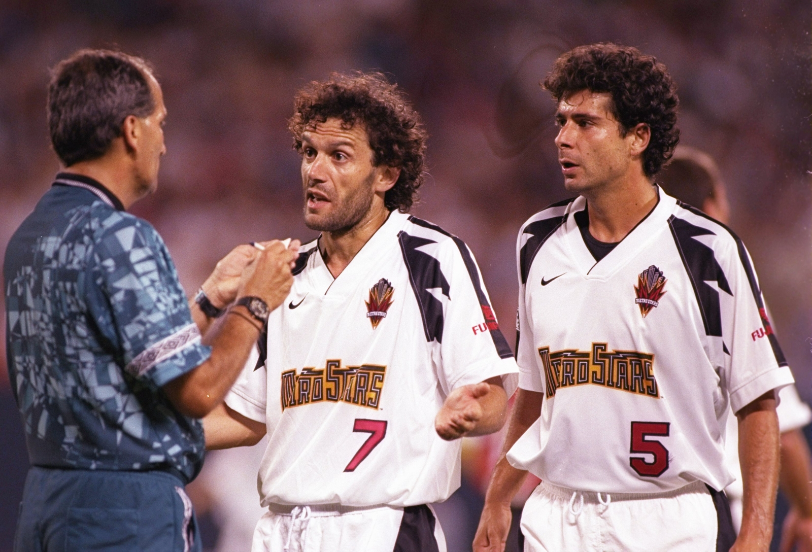 Roberto Donadoni #7 and Nicola Caricola of the New York/New Jersey MetroStars in July 1996