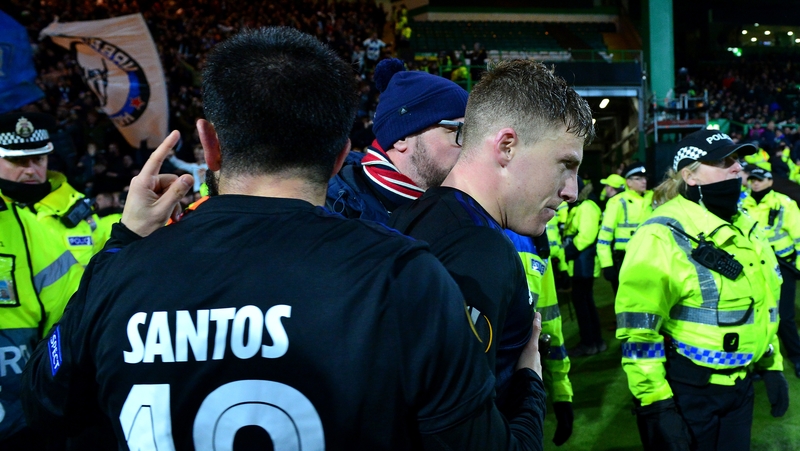 Micheal Santos (L) celebrates with Pep Biel after Biel's goal a Celtic Park