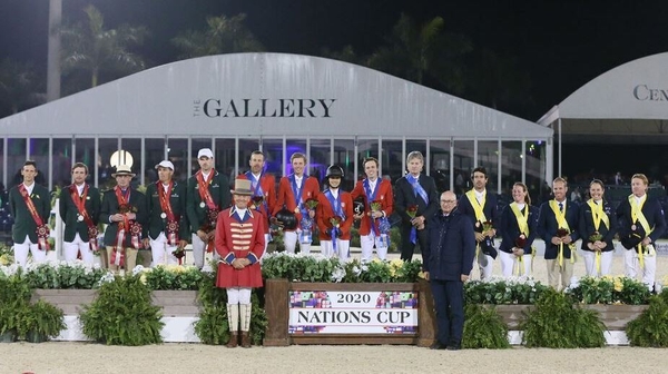 Teams from Ireland, USA an Australia stand on the podium following the Wellington Nations Cup in Florida