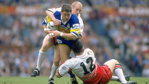 Shaun Edwards and Andy Farrell (12) in action for Wigan in 1995