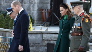 Best foot forward: William and Kate walking with members of the Defence Forces at the Garden of Remembrance (Pic: Rolling News)