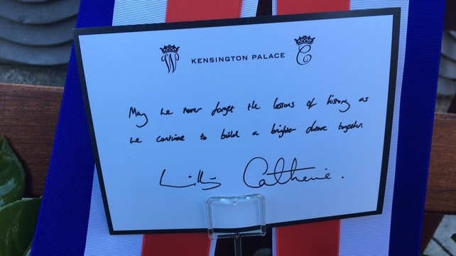 Striking a note: The message on the royal wreath laid at the Garden of Remembrance says: "May we never forget the lessons of history as we continue to build a brighter future together"