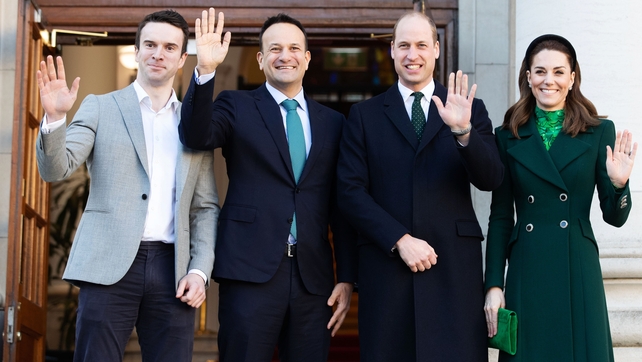 Show of hands: Taoiseach Leo Varadkar and his partner Matt Barrett greet the royal couple at Government Buildings