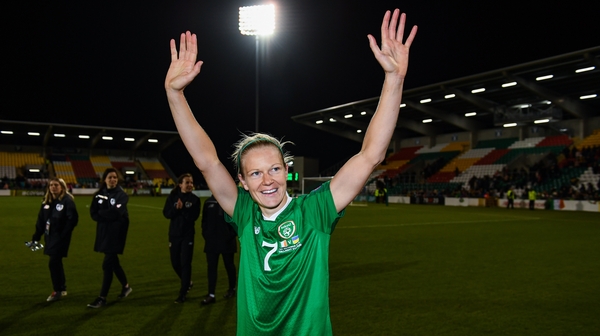 Diane Caldwell of Republic of Ireland celebrates following the UEFA Women's 2021 European Championships win over Ukraine