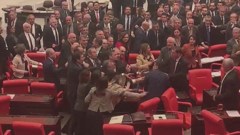 Dozens of parliamentarians joined the brawl, some climbing desks or throwing punches