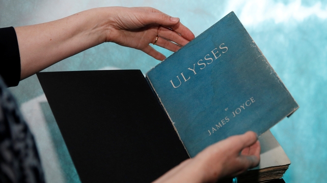 A first edition copy of James Joyce's novel "Ulysses" is seen before it is shown to the Duke and Duchess of Cambridge