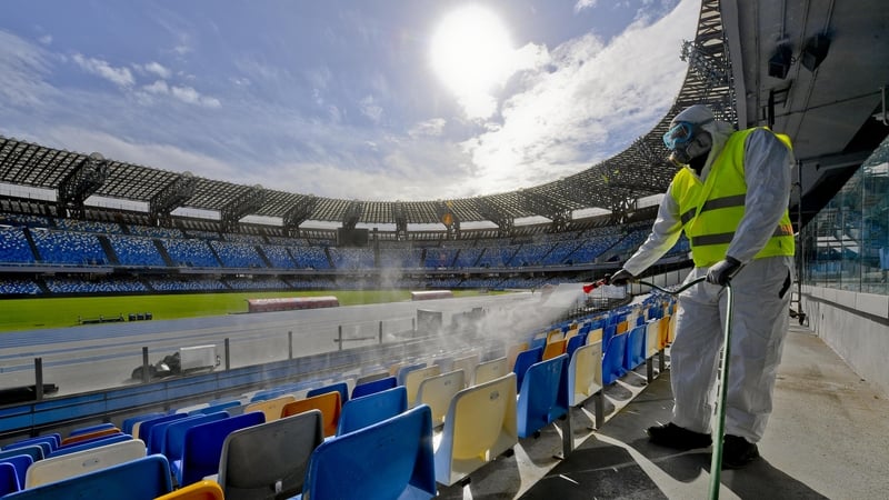 Operators of 'Napoli Servizi' sanitize the San Paolo stadium in Naples to prevent the dangers of coronavirus