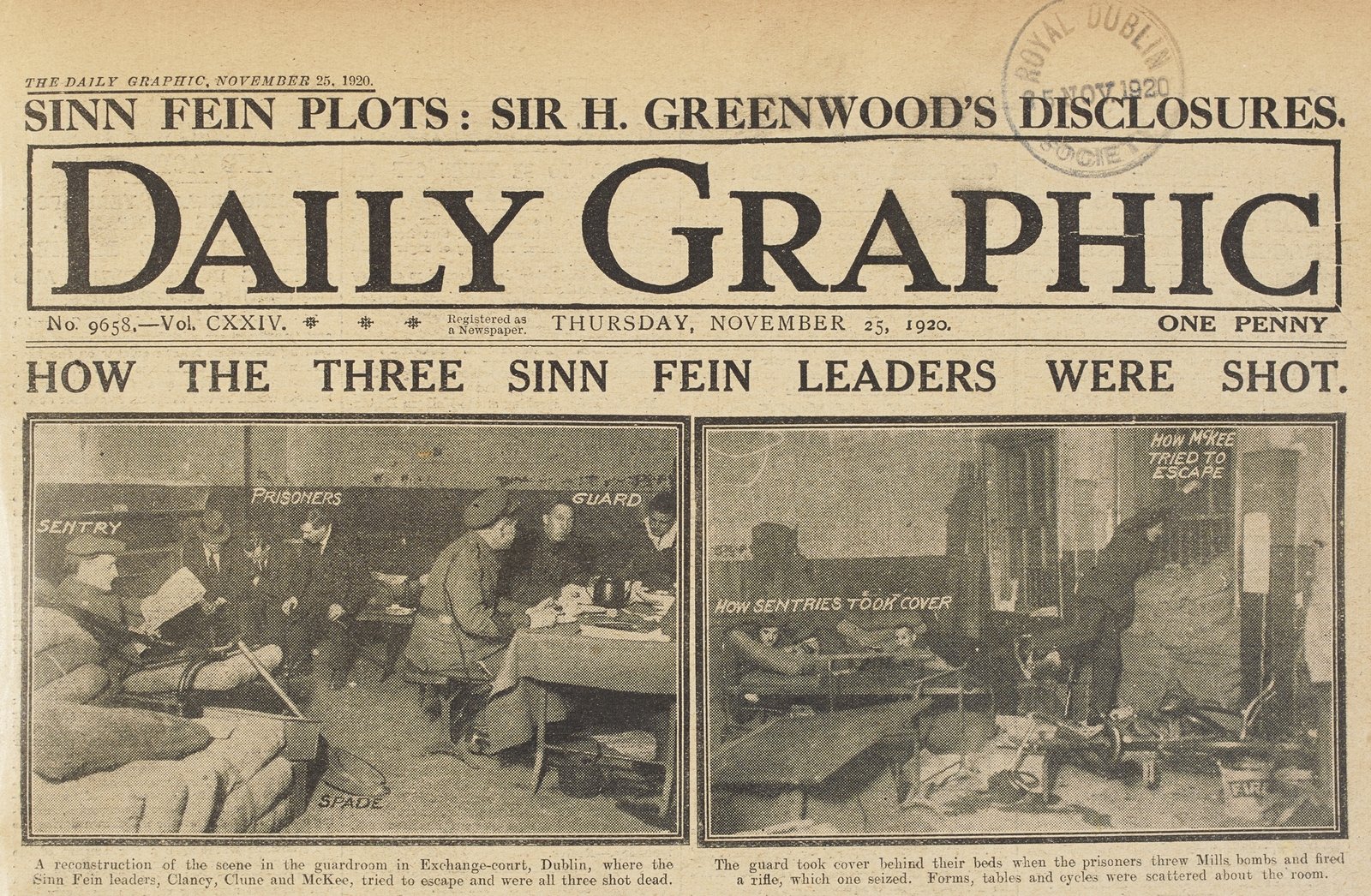 Highly choreographed reconstructions of the men's alleged escape attempt were publicised by the British. Daily Graphic, 25 November 1920, courtesy of National Library of Ireland
