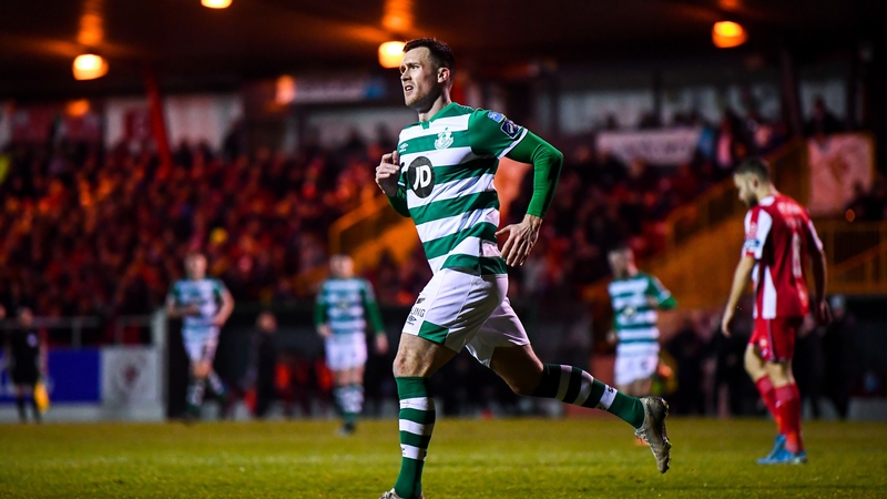 Aaron Greene celebrates after scoring Shamrock Rovers' third goal