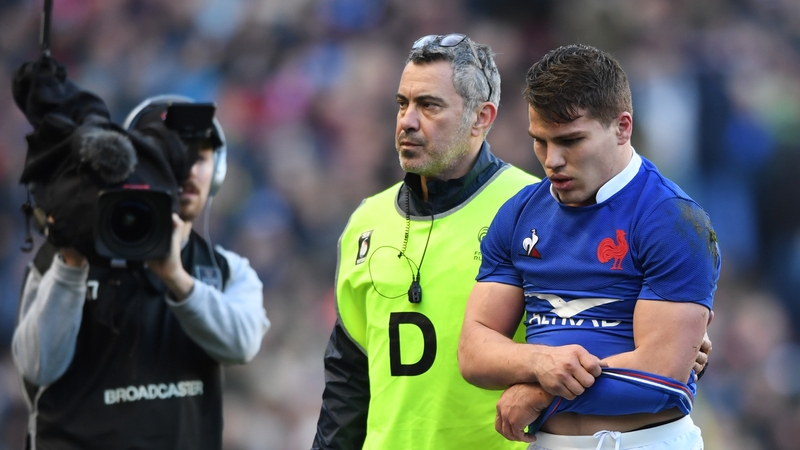 Antoine Dupont departs the fray during France's loss to Scotland in Murrayfield