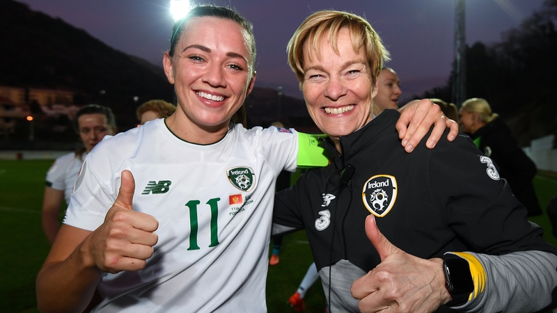 Captain Katie McCabe and manager Vera Pauw celebrate at final whistle