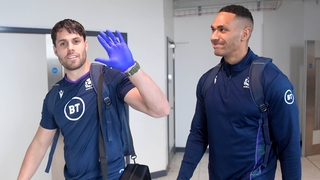 Scotland rugby players Sean Maitland (L) and Ratu Tagive arrive for training ahead of their Six Nations clash with Wales