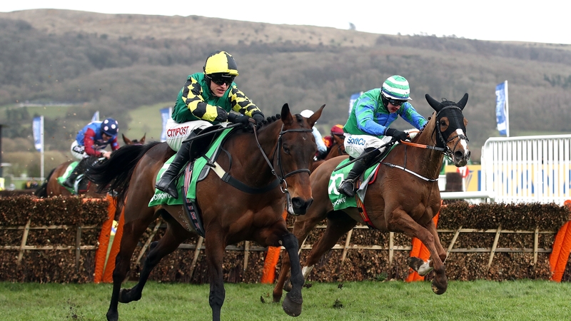 Lisnagar Oscar ridden by jockey Adam Wedge (left) on his way to winning the Paddy Power Stayers' Hurdle