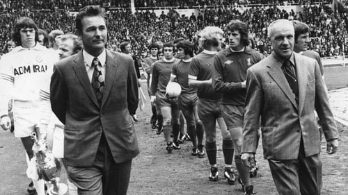 Brian Clough and Bill Shankly lead out their teams at Wembley for the Charity Shield match between Leeds United and Liverpool in 1974