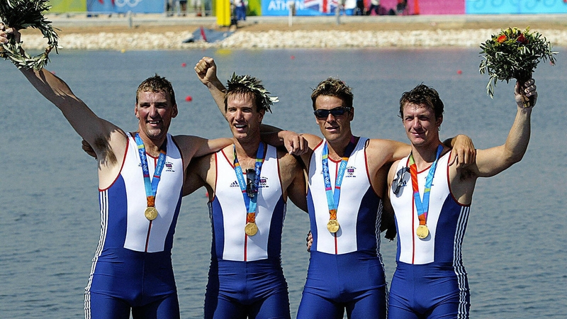 (Left to right): Matthew Pinsent, Ed Coode, James Cracknell and Steve Williams with their gold medals at the 2004 Athens Games
