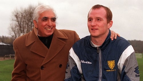 Then Wimbledon chairman Sam Hammam alongside new signing John Hartson