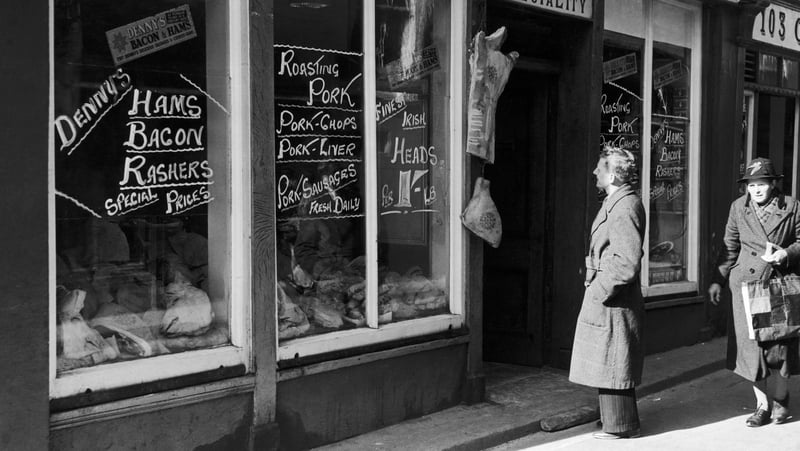 A potential customer eyes up the meat in a shop window in Co Wexford in April 1944. Photo: Daily Mirror/Mirrorpix/Mirrorpix via Getty Images