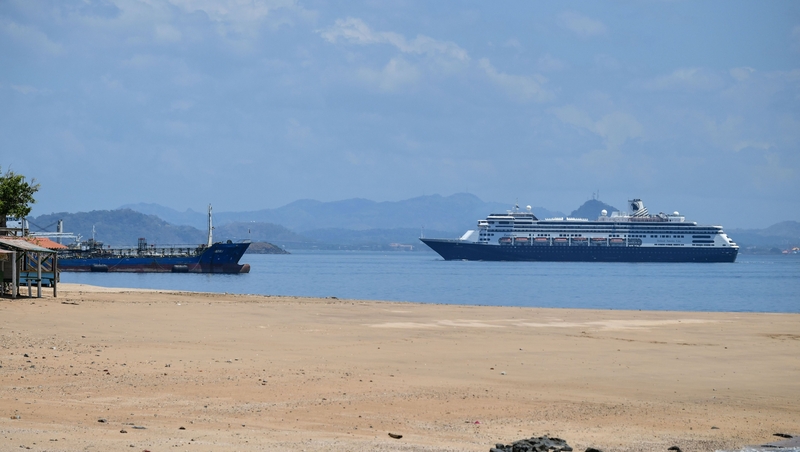 The Zaandam cruise ship entering the Panama City Bay to be assisted by the Rotterdam cruise ship with supplies