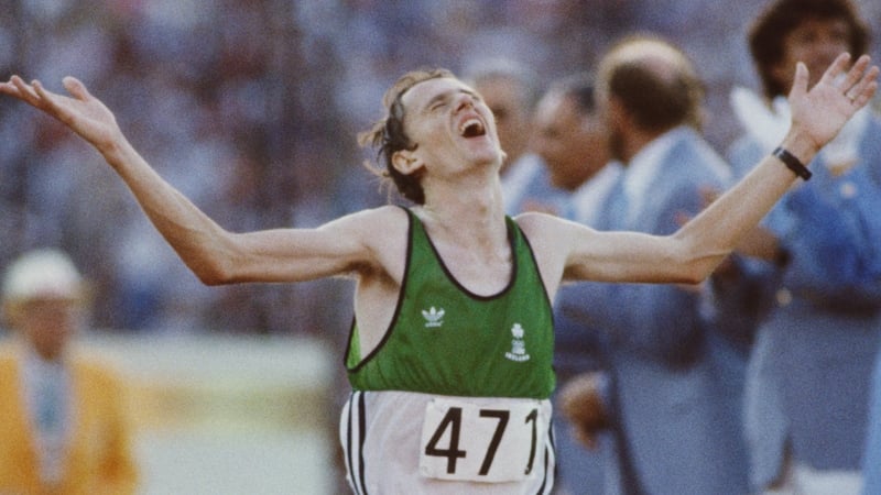 John Treacy crosses the finish line at the Los Angeles Coliseum