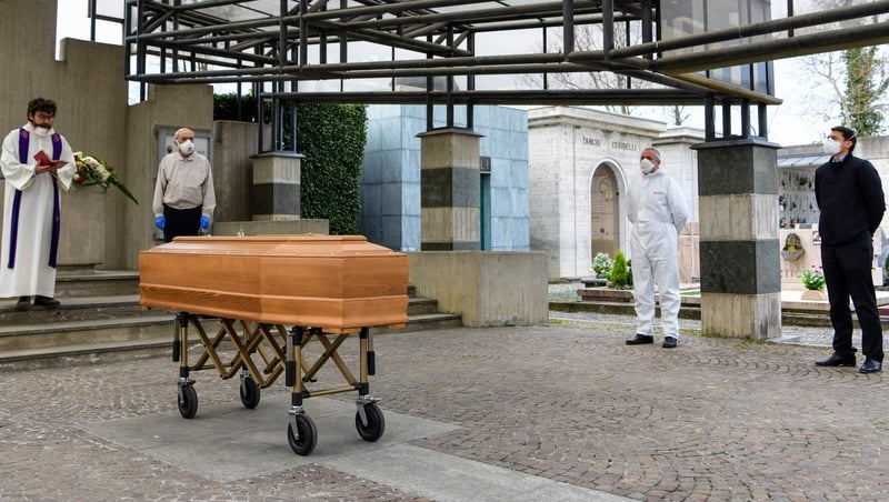 A funeral in Italy with social distancing being observed