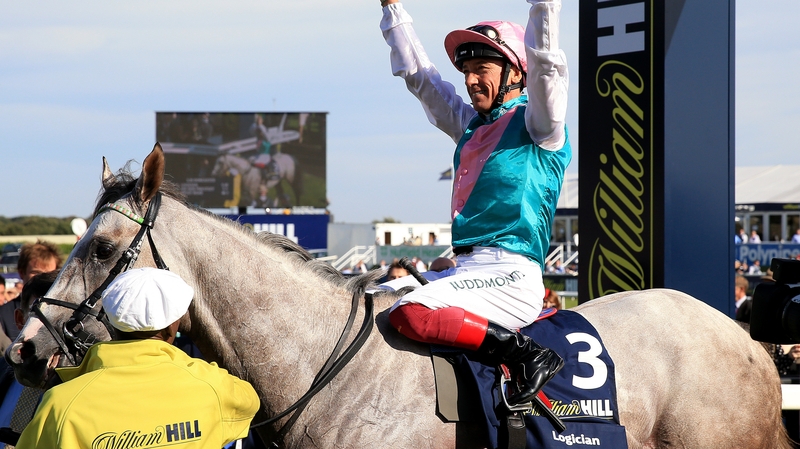 Frankie Dettori celebrates in the parade ring after winning the 2019 William Hill St Leger aboard Logician