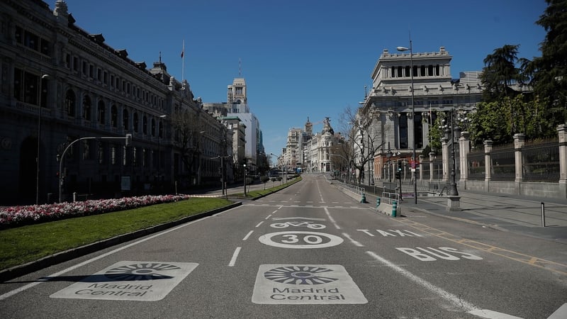 An empty Cibeles Square, Madrid after the shops are closed due to state of emergency in Spain