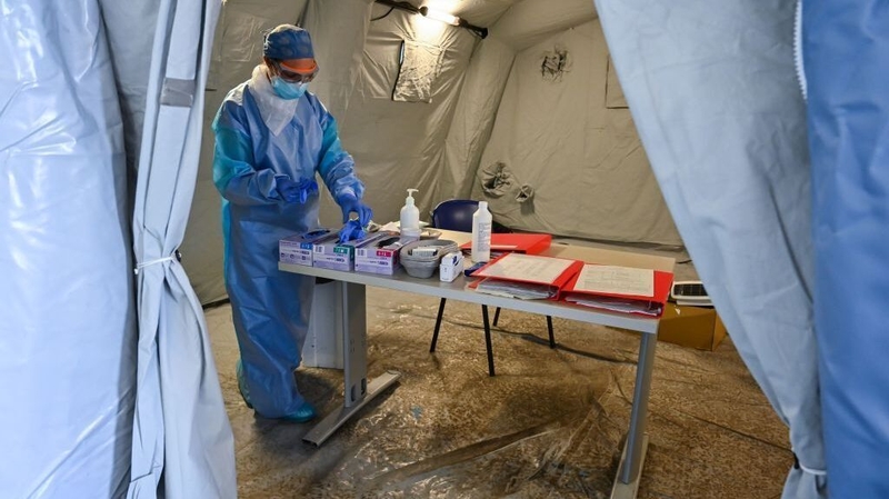 A medical worker in the area where patients suffering from Covid-19 are treated at the Policlinico di Tor Vergata hospital in Rome