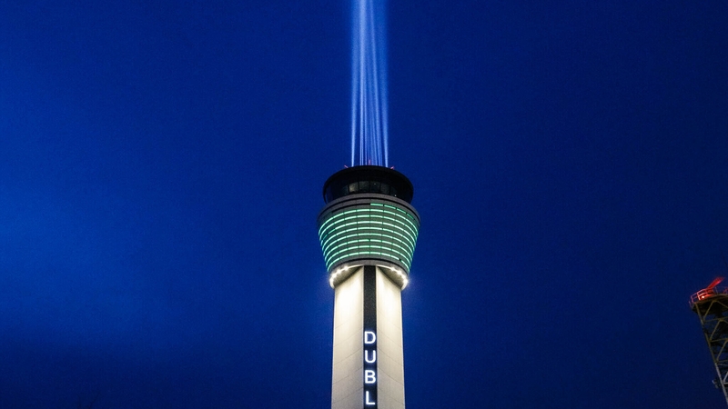 The air traffic control tower at Dublin Airport practises shining a light ahead of 9pm tonight Pic: Apphoto.ie