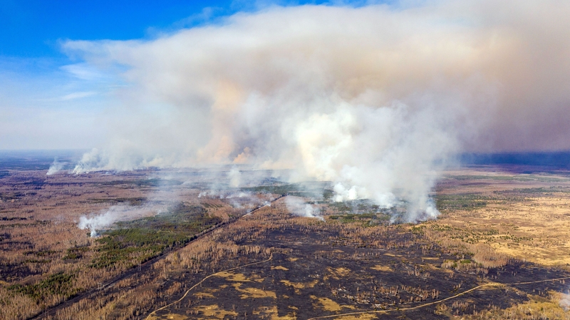 An aerial picture shows a forest fire burning in the Chernobyl exclusion zone