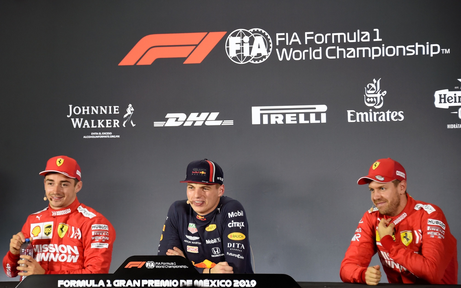 (L to R) Leclerc, Verstappen and Vettel
