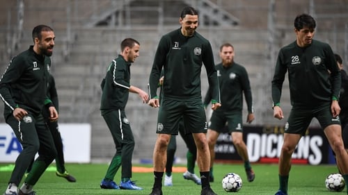 Zlatan Ibrahimovic (C) takes part in a Hammarby training session today