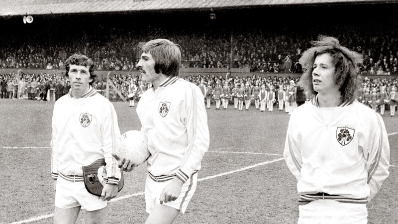 John Giles (L) Steve Heighway (C) and Liam Brady before the European Championship qualifier v Soviet Union at Dalymount Park in 1974.