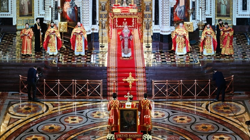 Patriarch Kirill of Moscow (C) taking part in the Orthodox Easter  service in the Christ the Savior Cathedral in Moscow