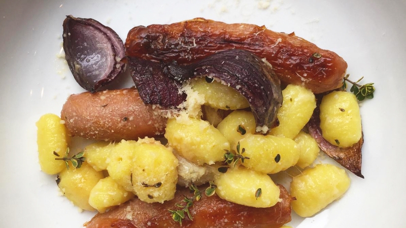 Baked Sausages with Gnocchi & Red Onion