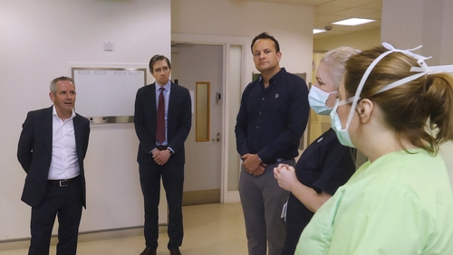 (L-R) Paul Reid, Simon Harris and Leo Varadkar at a Community Assessment Hub for Covid-19 patients