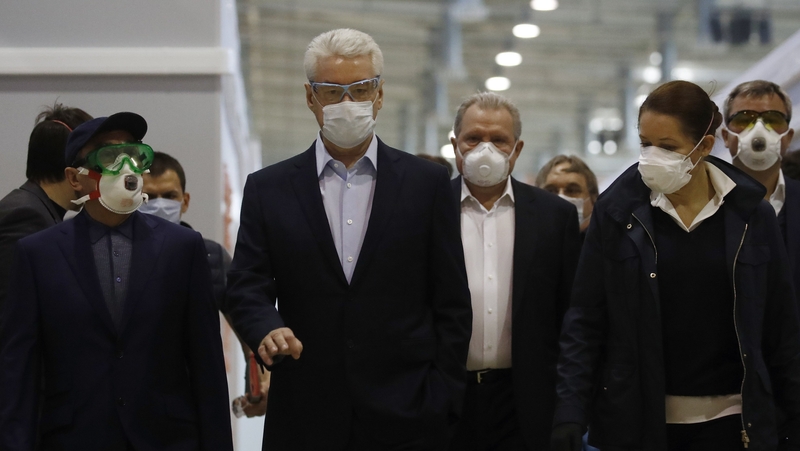 Mayor Sergei Sobyanin seen visiting a temporary hospital in Moscow