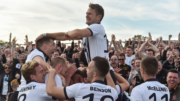 Dundalk players celebrate during their UEFA Champions League second qualifying round clash with Rosenborg in 2017
