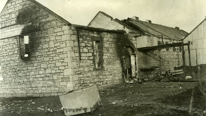 Burnt out building that is believed to be the creamery in Ballymacelligott, County Kerry. Image © UCD National University of Ireland, Dublin licensed under a Creative Commons Attribution-NonCommercial-ShareAlike 4.0 International License.