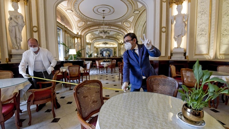 Preparations for the reopening in Cafè 'Gambrinus' in Naples