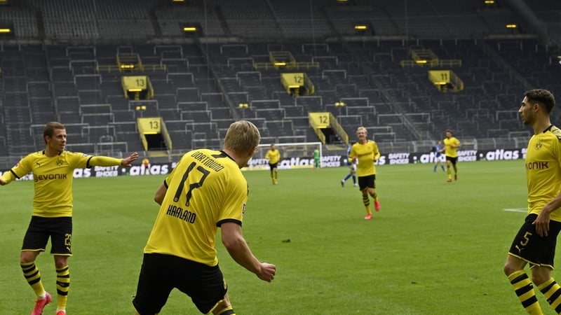Erling Braut Haaland scored the opening goal for Dortmund against Schalke at an empty Signal Iduna Park