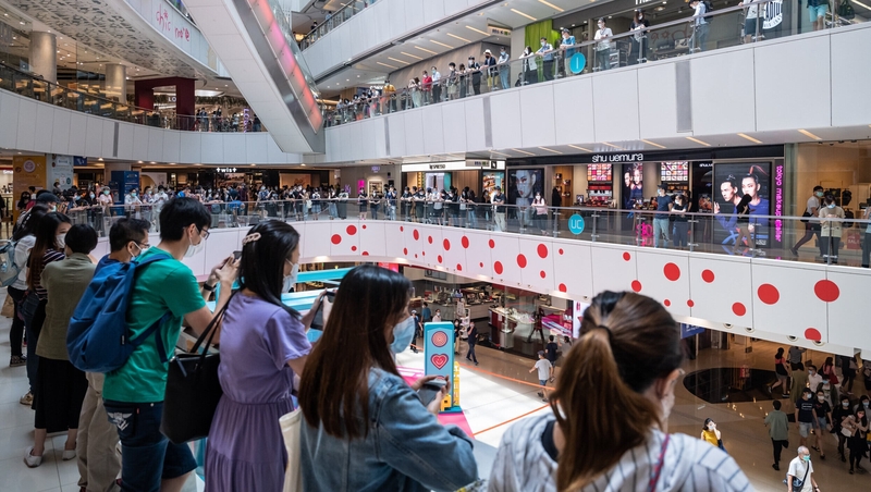 Pro-democracy supporters gather at a shopping centre during a Lunch With You rally in Hong Kong today