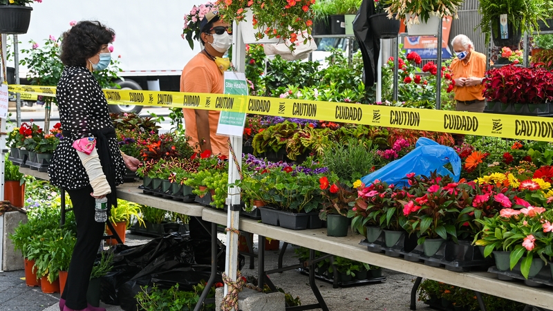 A woman buys plants from a Farmers Market vendor in New York City.