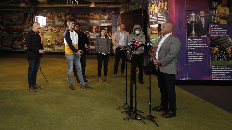 Rob Clarke speaks to the media during a press conference at Rugby Australia headquarters in Sydney
