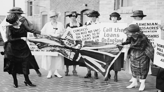 Women burn British flag in Washington protest for Irish Independence.